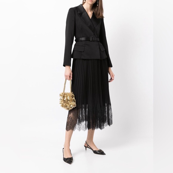 Self-Portrait Tailored Crepe and Chiffon Midi Dress in Black - Picture 4 of 16